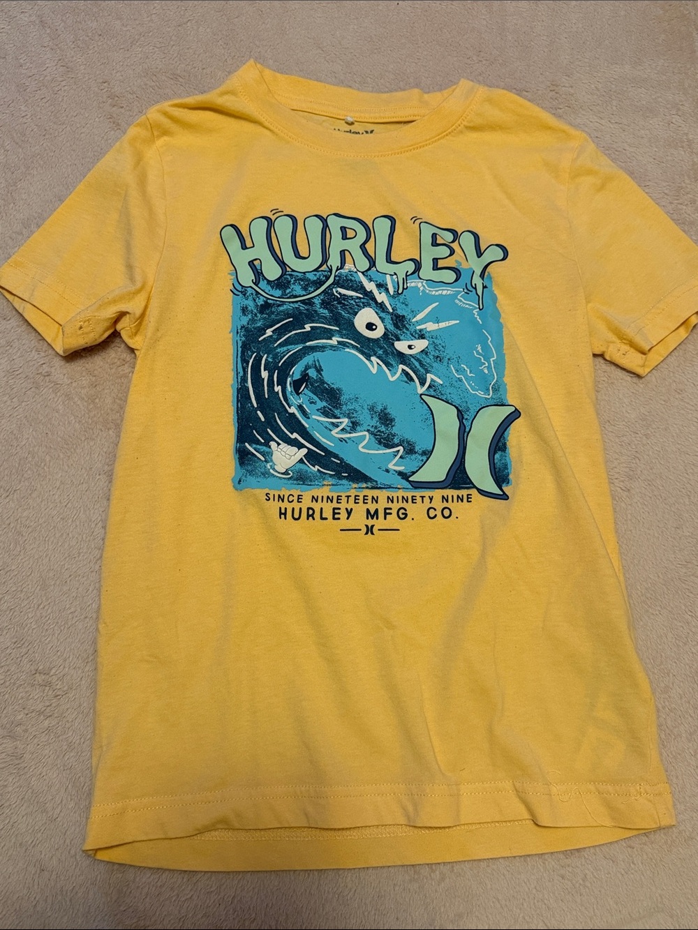 Hurley Yellow Tee with Blue Wave Graphic